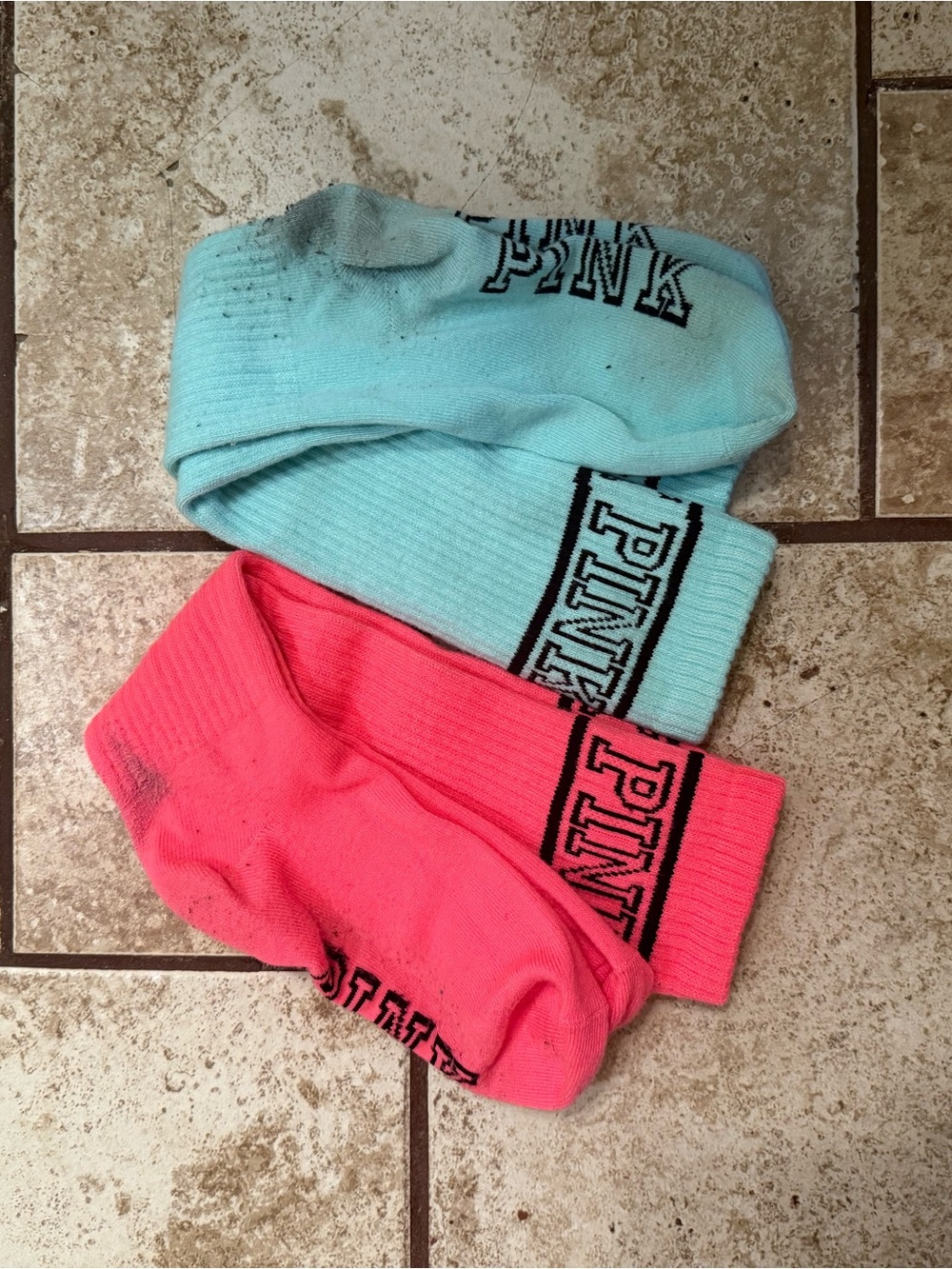 PINK Victoria's Secret Crew Athletic Socks in Aqua Blue and Coral Pink - 2-Pack